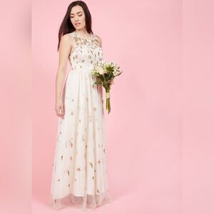 ModCloth The Simple‎ Truth Cream Pink Embroidered Tulle Maxi Dress Size L